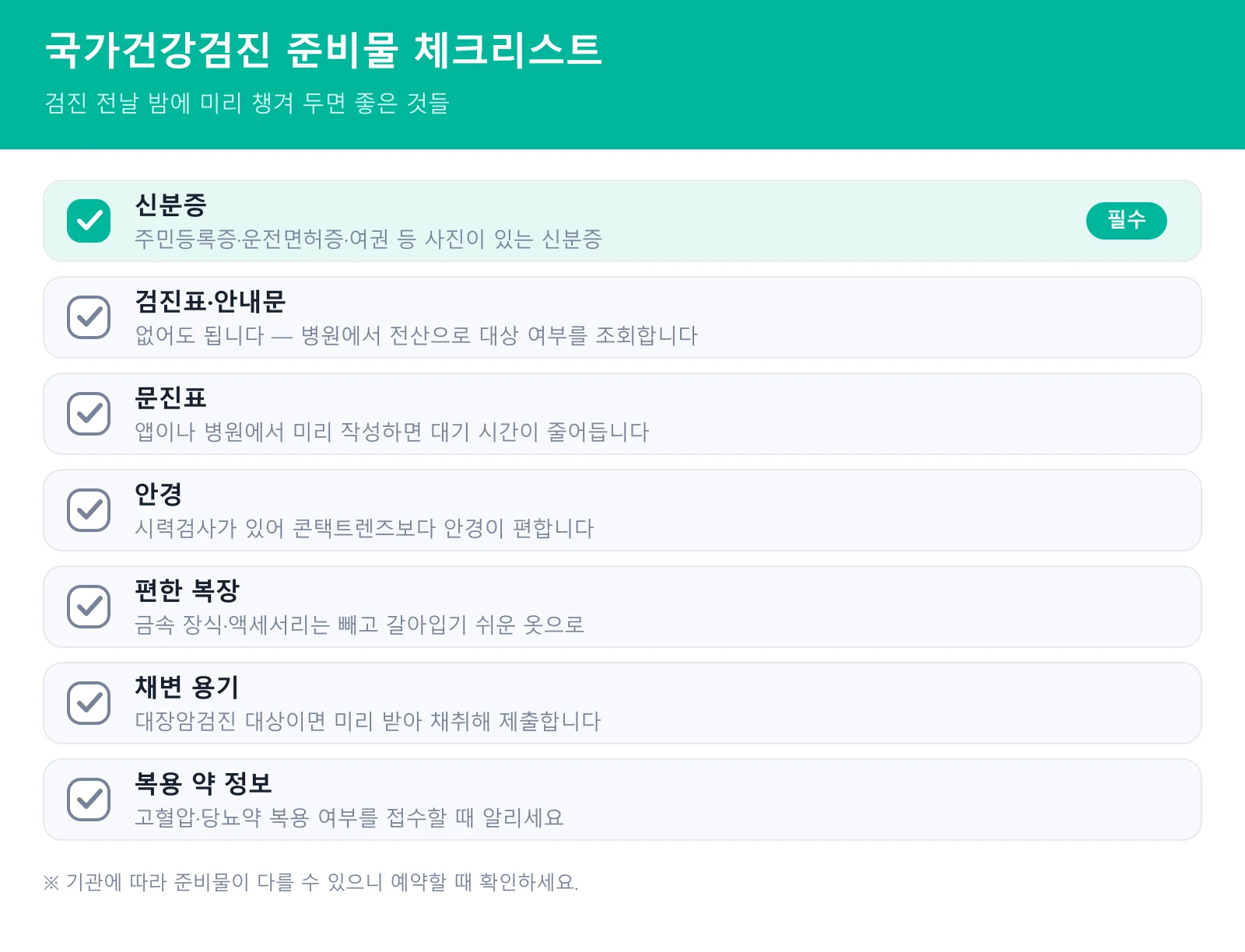 국가건강검진 준비물 체크리스트 - 신분증 문진표 등