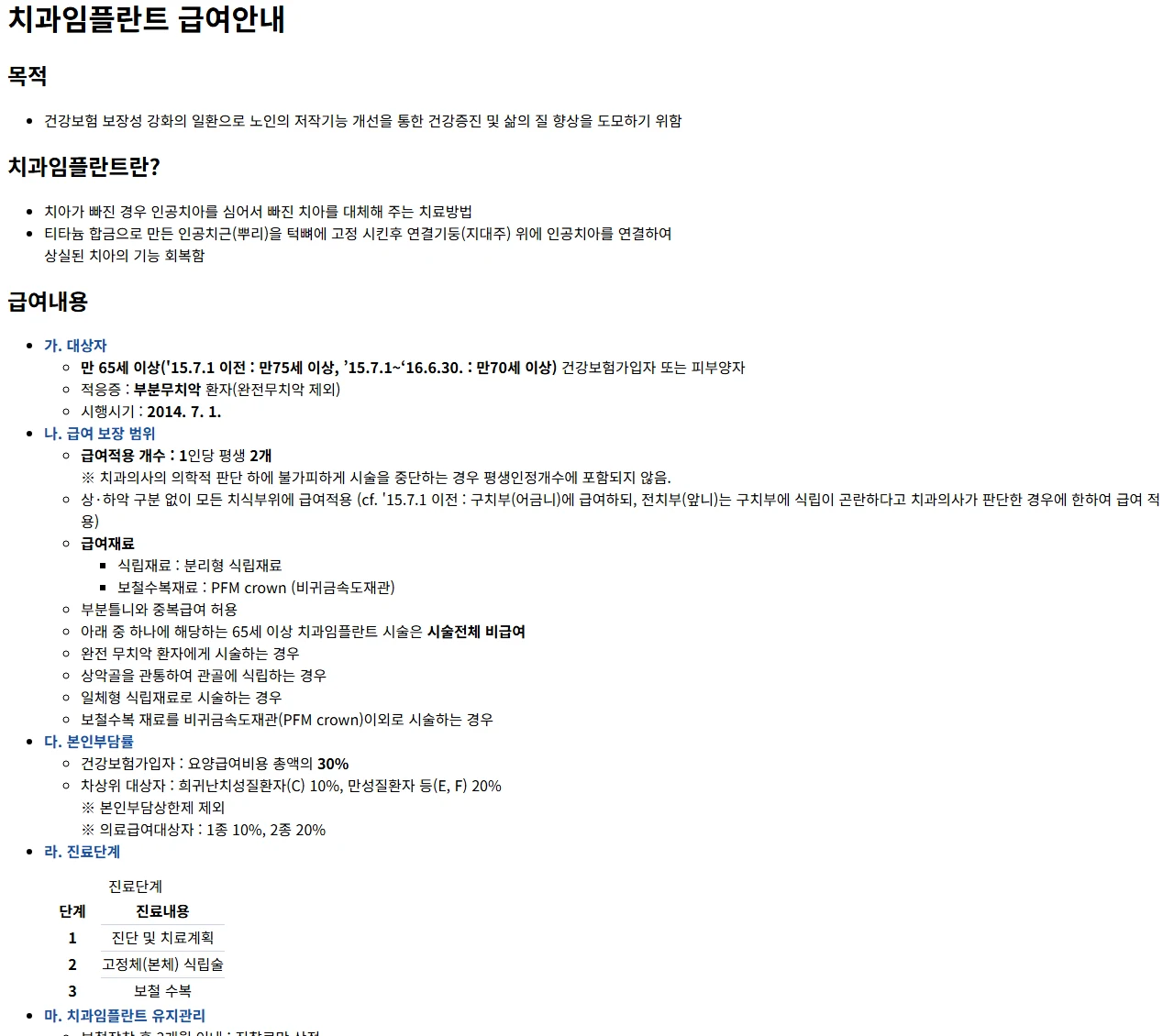 국민건강보험공단 치과임플란트 급여안내 원문 화면